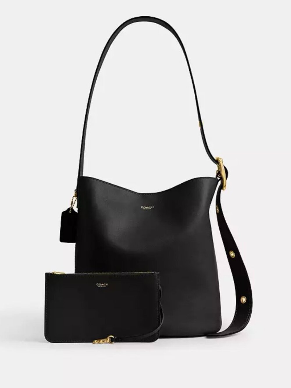 COACH Bleecker Bucket Bag Smooth Leather/Brass/Black With Removable Zip Pouch.